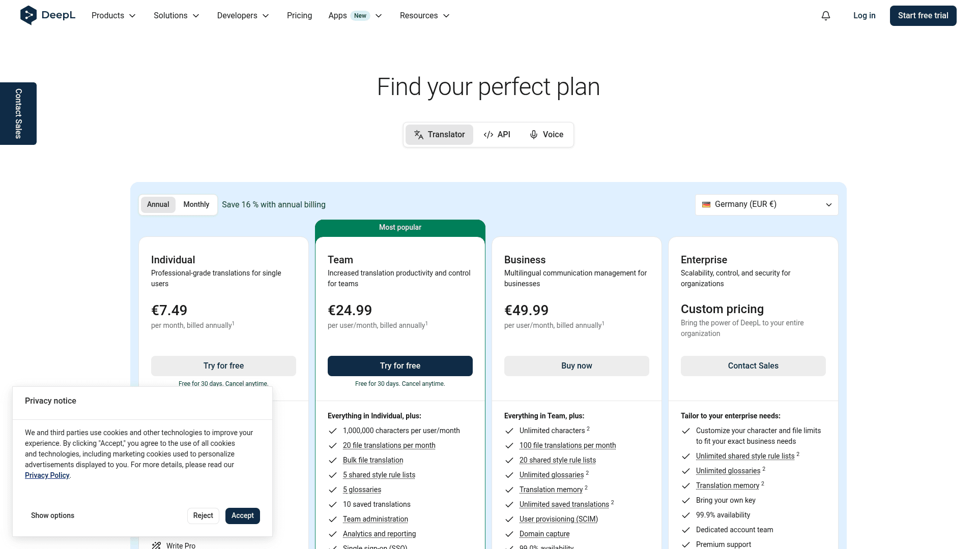 DeepL Translator plan page showing Individual at โฌ7.49, Team at โฌ24.99 with 5 glossaries, Business at โฌ49.99 with unlimited glossaries, and Enterprise custom pricing, as taken from DeepL
