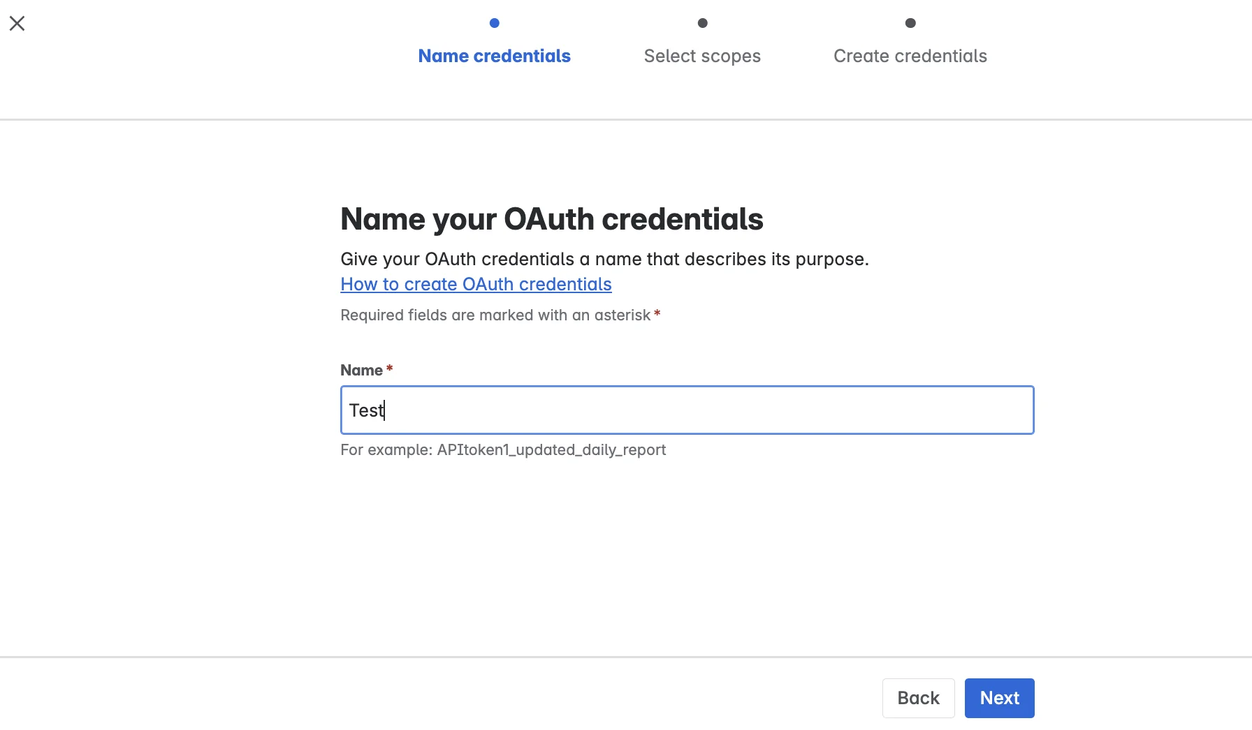 Atlassian Administration's Name your OAuth credentials step for a service account, the first of three steps before selecting scopes and creating credentials, as taken from Atlassian's announcement