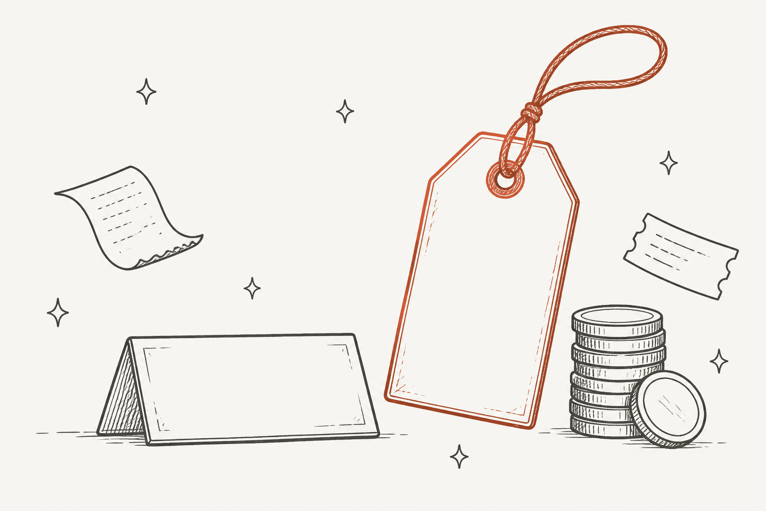 A hand-drawn price tag, coins and receipts, illustrating the many ways AI employee tools are priced