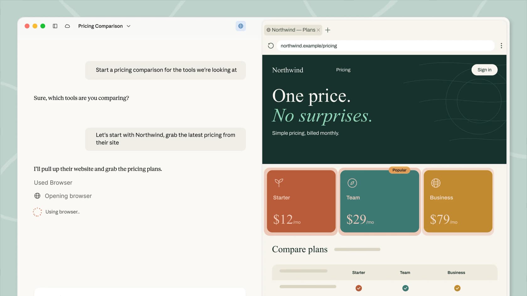 The Claude Cowork built-in browser open in the side panel, pulling pricing from a website while the chat pane tracks each step, as shown on the launch post from Anthropic