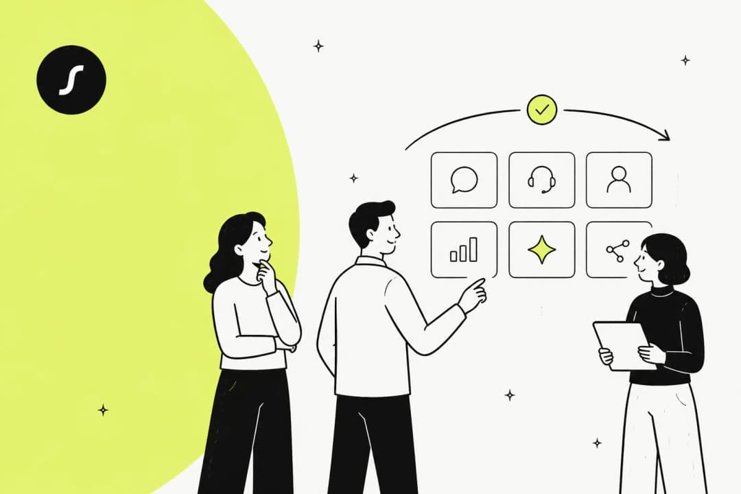 Illustration of a support queue splitting into two paths, one handed to an outside team and one kept in-house