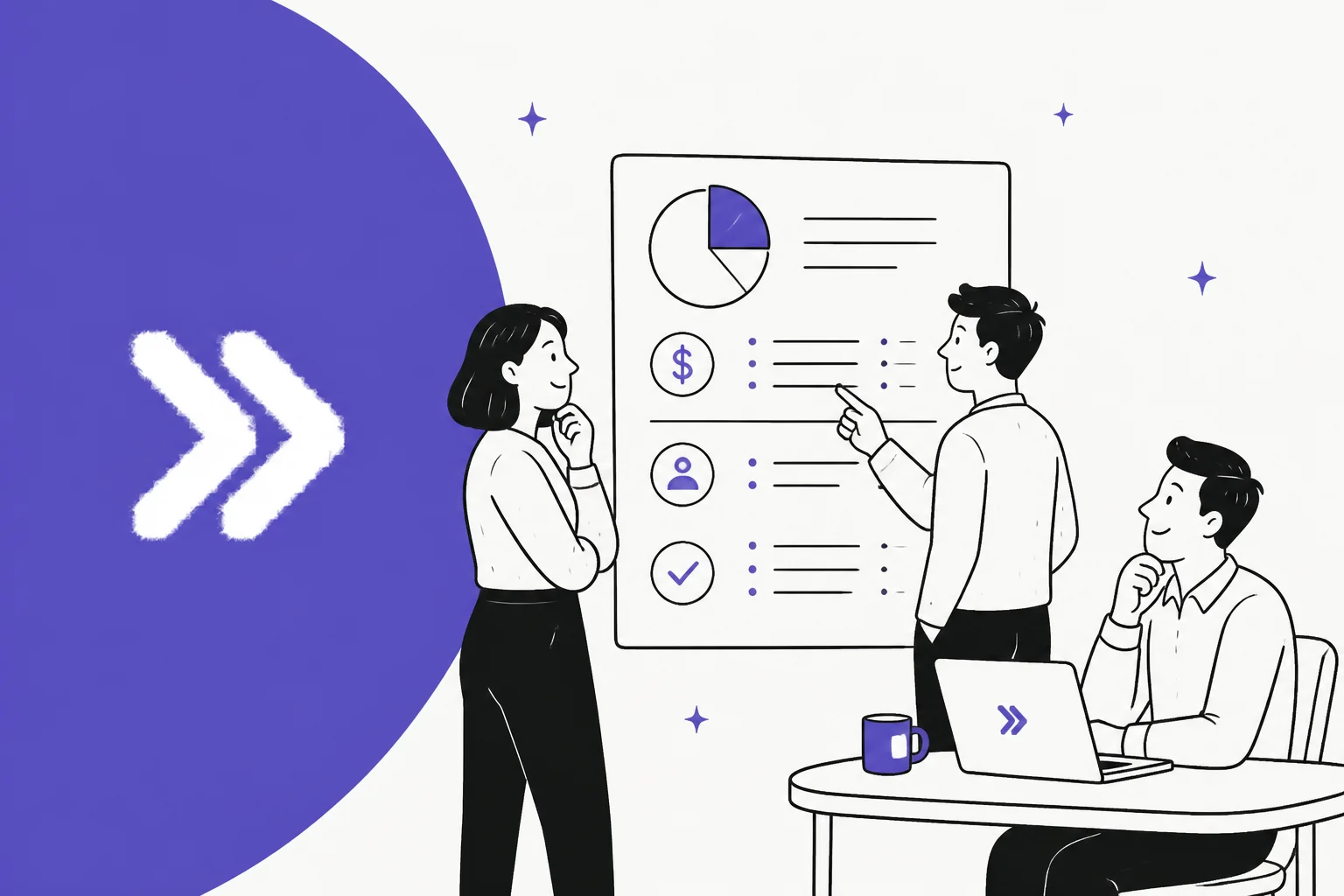 A support team reviewing a pricing breakdown on a whiteboard, in Pluno indigo