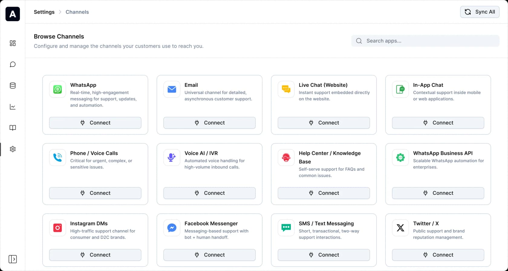 Ayudo's channel settings, showing twelve connectable channels including WhatsApp, email, live chat and voice, as taken from Ayudo