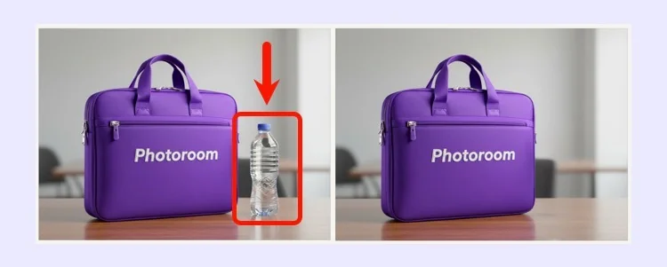 Photoroom's before and after: a purple branded laptop bag with a water bottle beside it outlined in red, then the same shot with the bottle gone, as taken from Photoroom