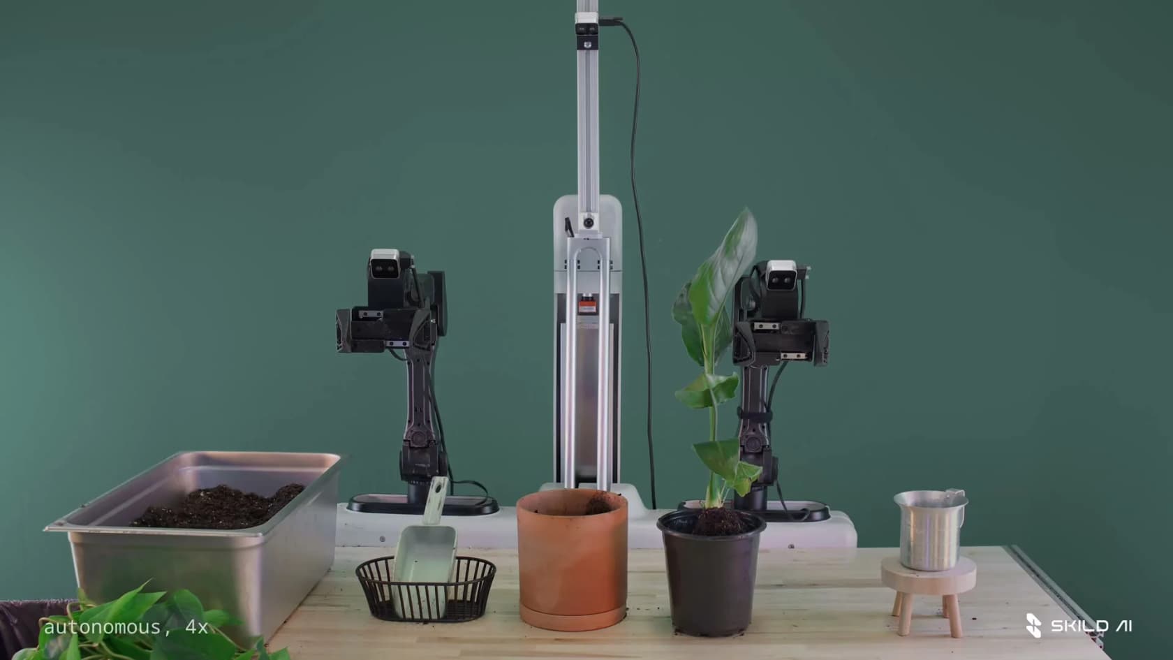A Skild robot autonomously potting a plant after watching a single human video, as taken from Skild AI