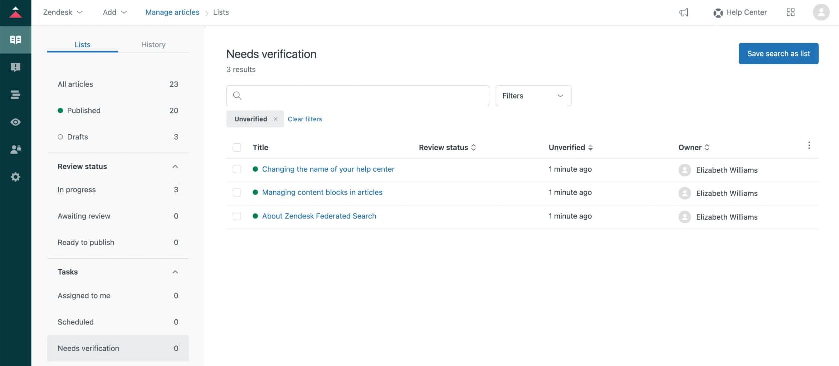Zendesk Knowledge admin Needs verification list showing three unverified articles with their owner, as taken from Zendesk