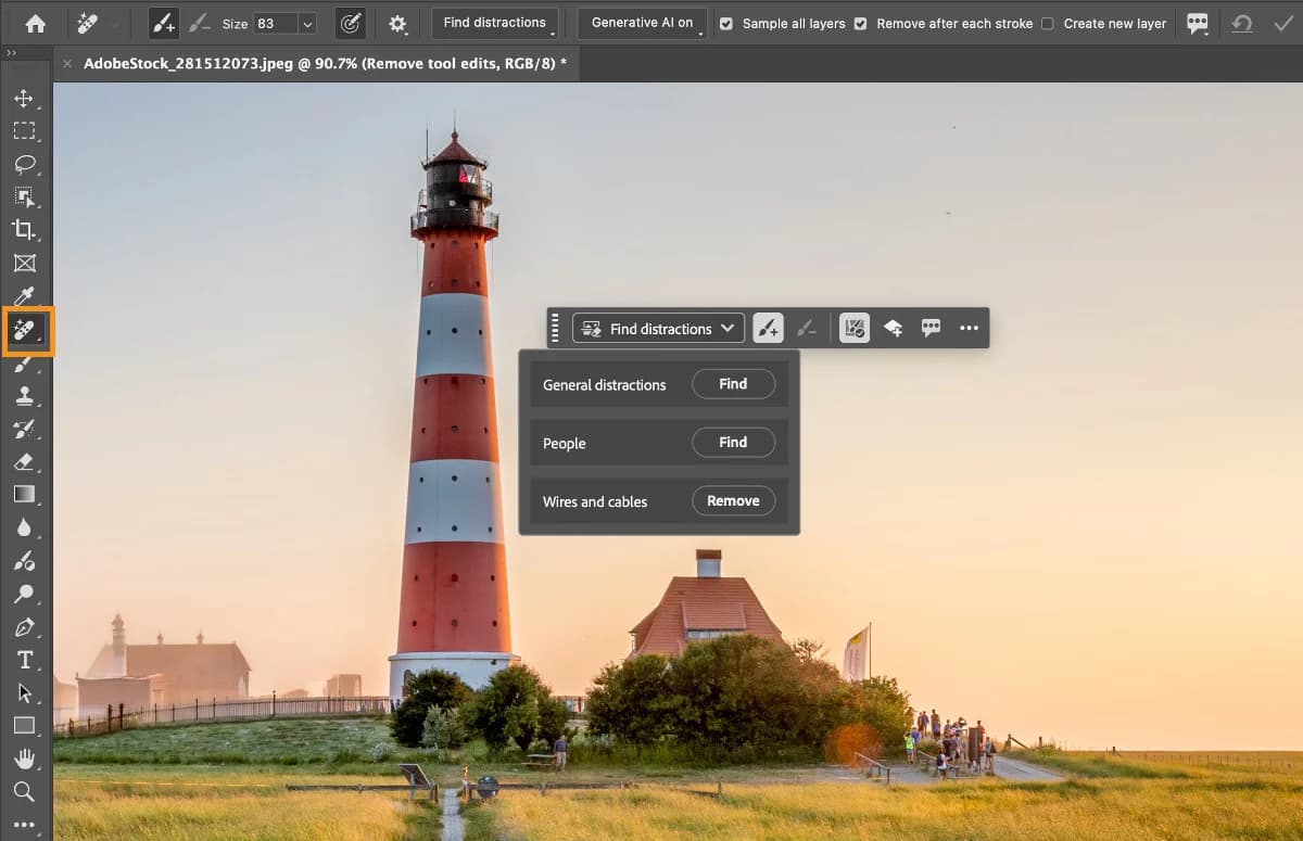 Photoshop's Remove tool selected with the Find distractions menu open, offering General distractions, People, and Wires and cables, with Generative AI on in the options bar, as taken from Adobe