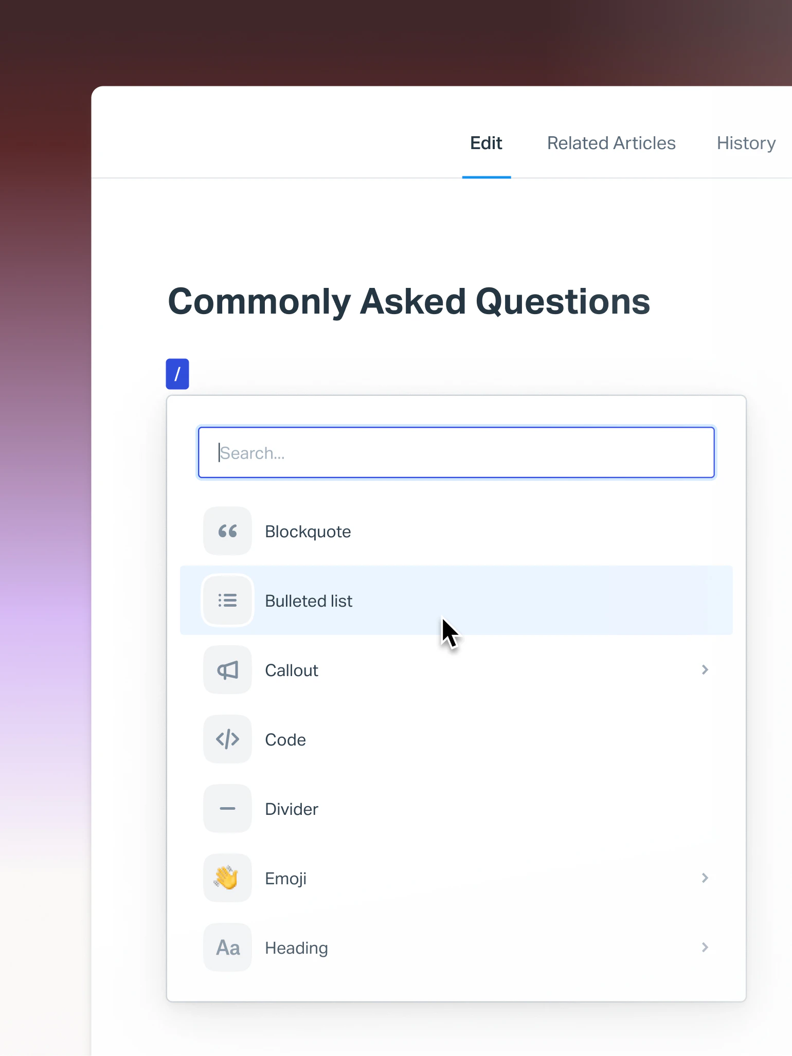 Help Scout Docs article editor on a Commonly Asked Questions article with the slash block menu open, as taken from Help Scout