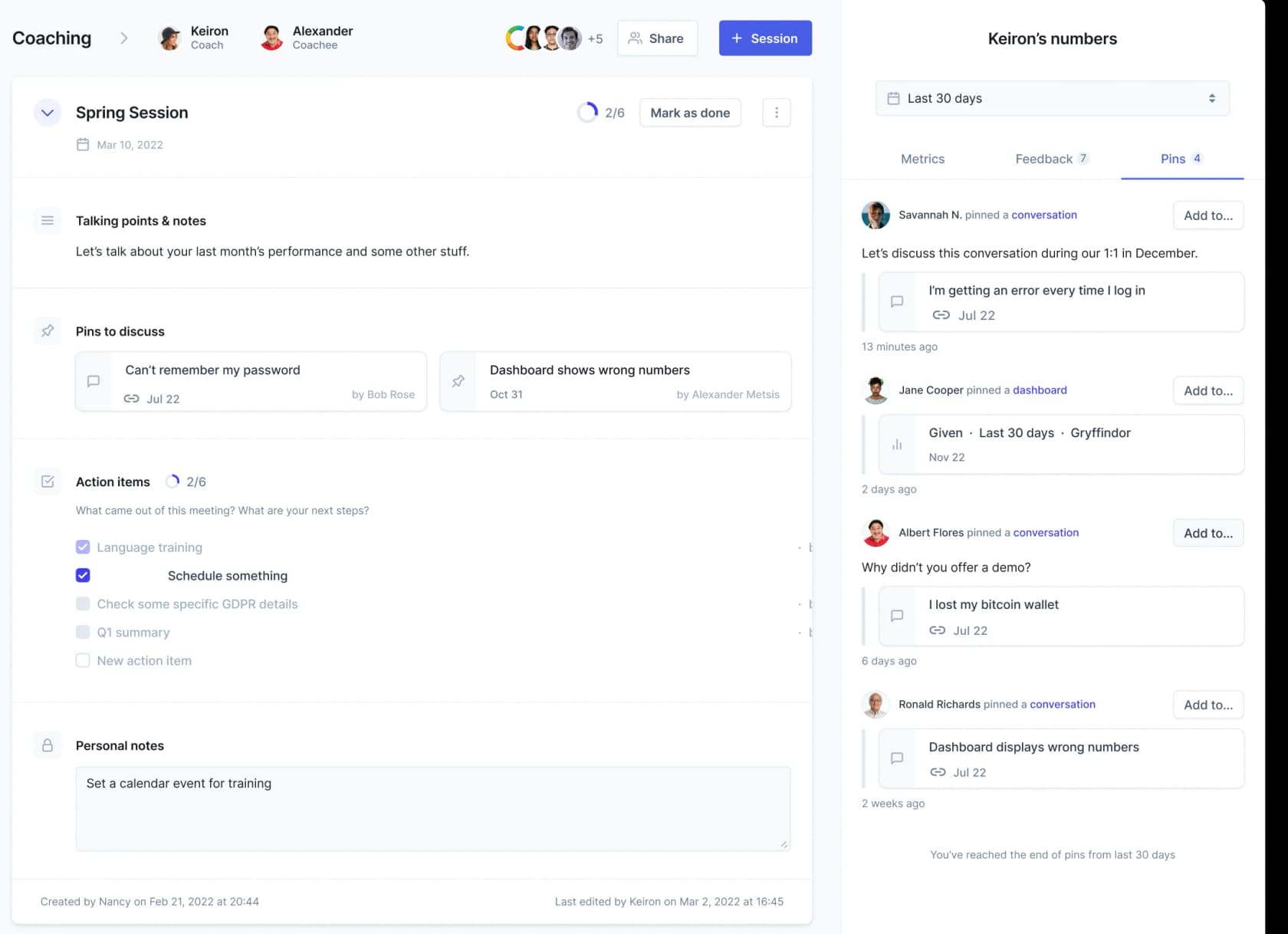 Zendesk QA coaching session showing talking points, pinned conversations and the agent's quality scores, as taken from Zendesk's help center