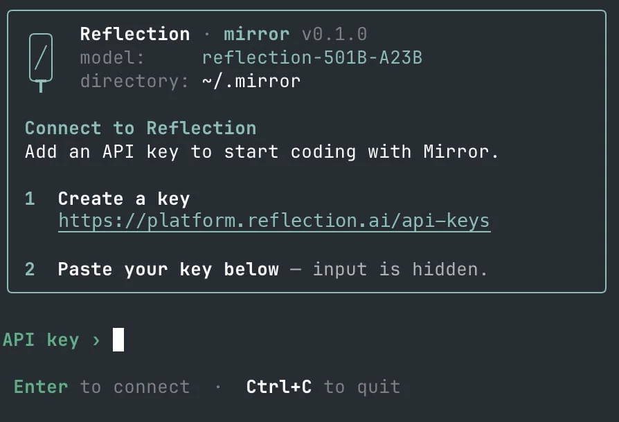 Reflection's Mirror CLI connect screen showing the reflection-501B-A23B model, from the Reflection developer docs
