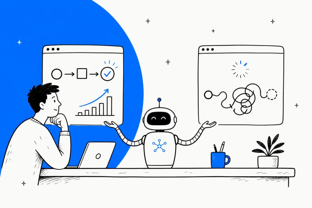 A developer workbench where one AI model finishes one task cleanly and stalls on the one beside it, in Meta's blue brand colour