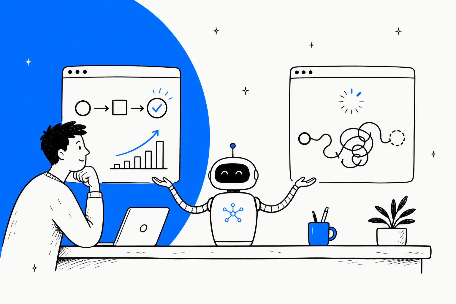 A developer workbench where one AI model finishes one task cleanly and stalls on the one beside it, in Meta's blue brand colour