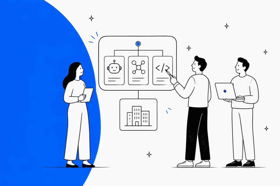 Illustration d'une équipe devant un tableau où des cartes d'agents IA, de modèles et d'outils de code sont reliées à un immeuble d'entreprise