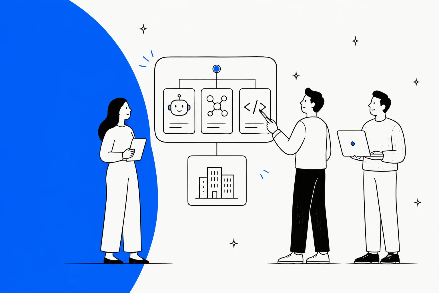 Illustration d'une équipe devant un tableau où des cartes d'agents IA, de modèles et d'outils de code sont reliées à un immeuble d'entreprise