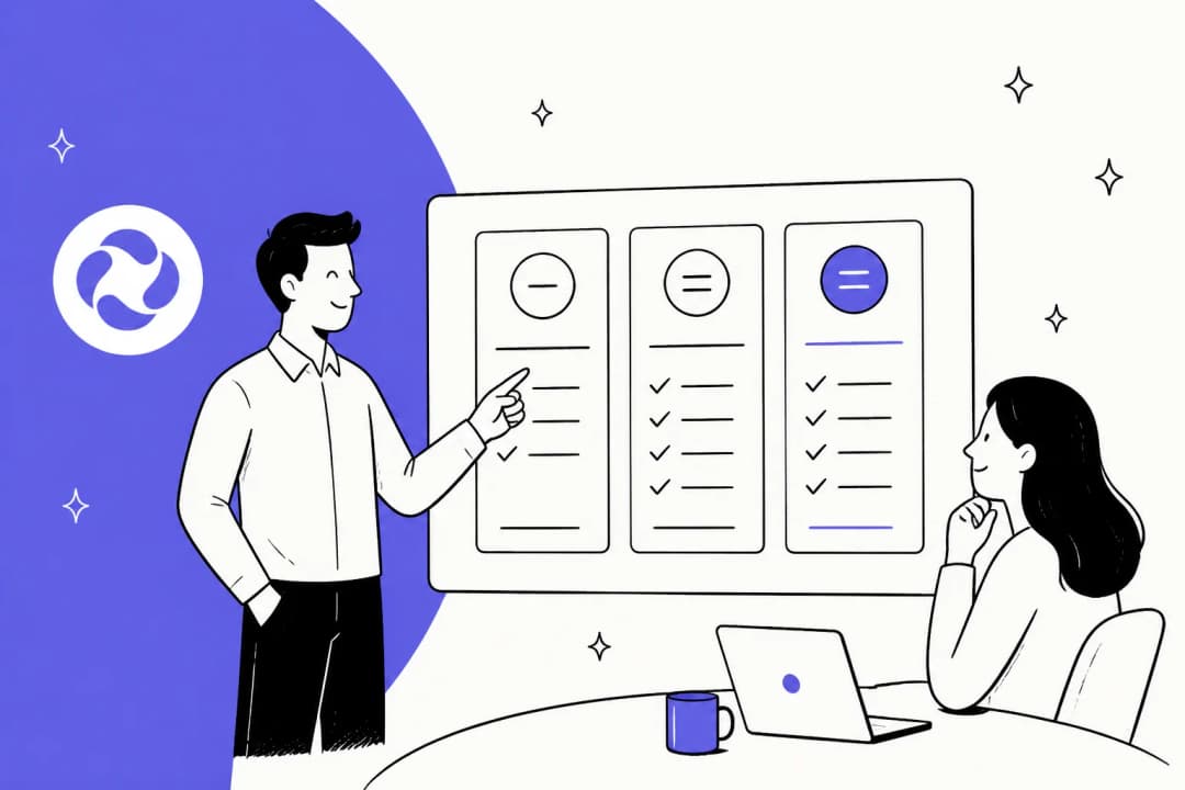 Illustration of two people reviewing Featurebase plan cards on a screen