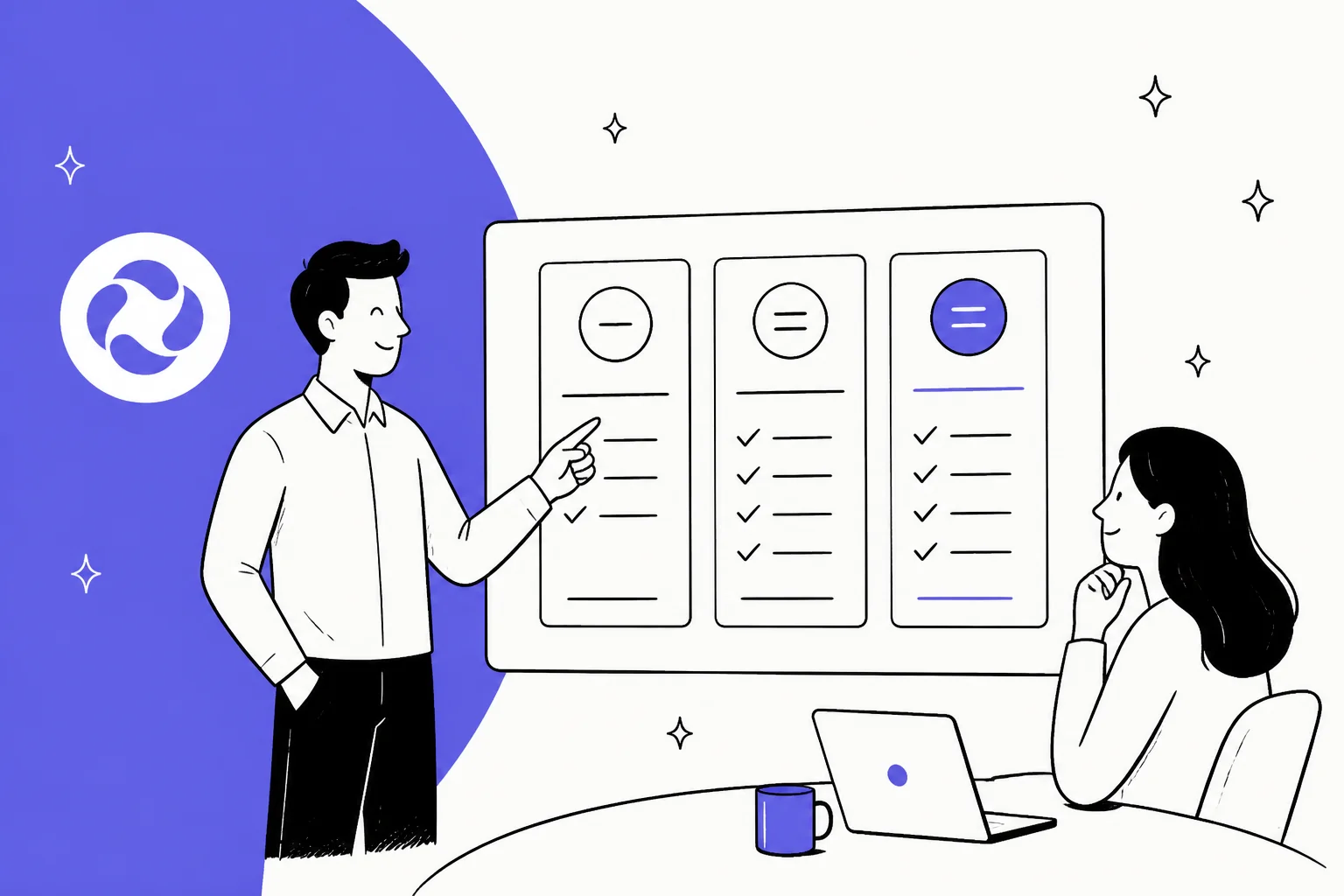 Illustration of two people reviewing Featurebase plan cards on a screen
