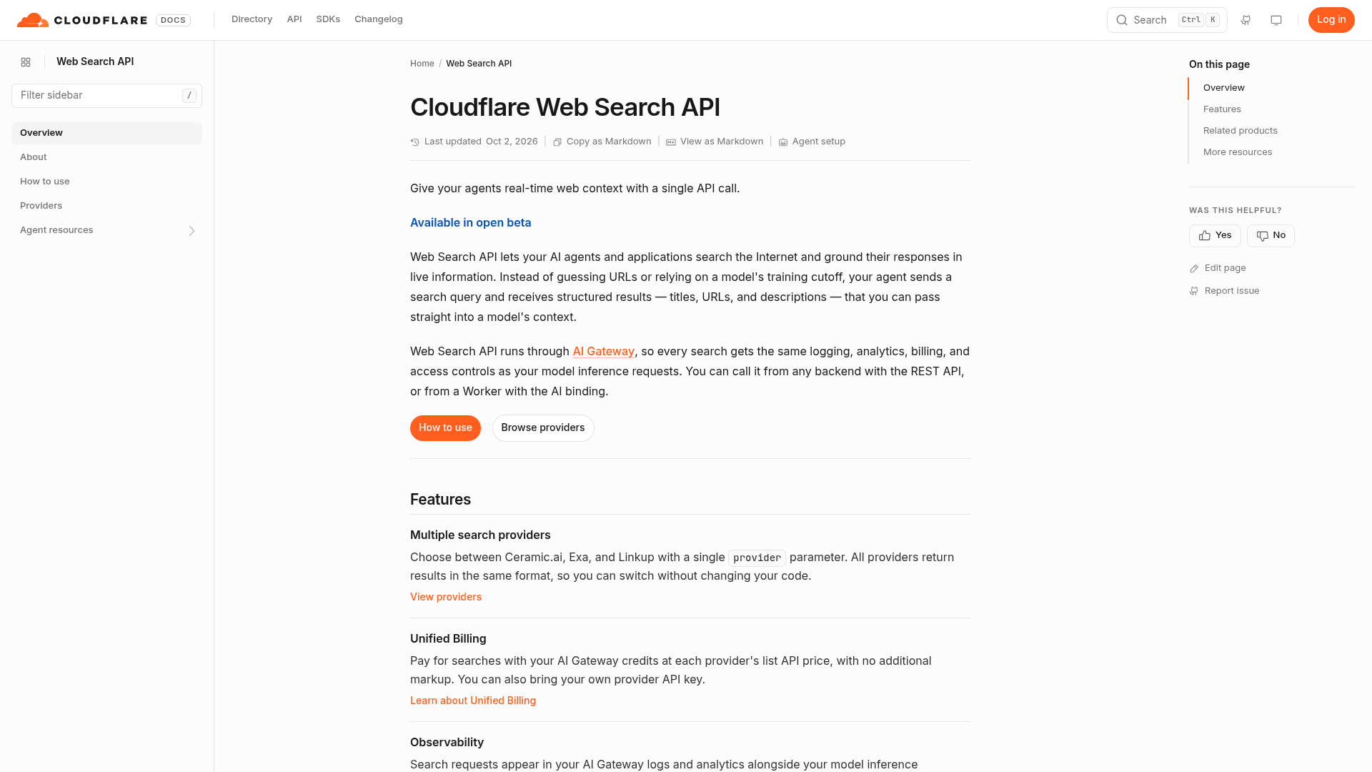 The Cloudflare Web Search API overview page, showing the open beta label and the one-call pitch, as taken from the Cloudflare docs