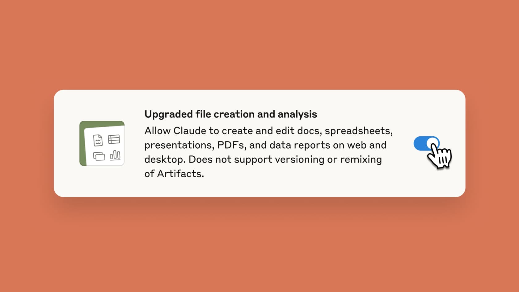 The "Upgraded file creation and analysis" toggle, noting it does not support versioning or remixing of Artifacts, as taken from Anthropic