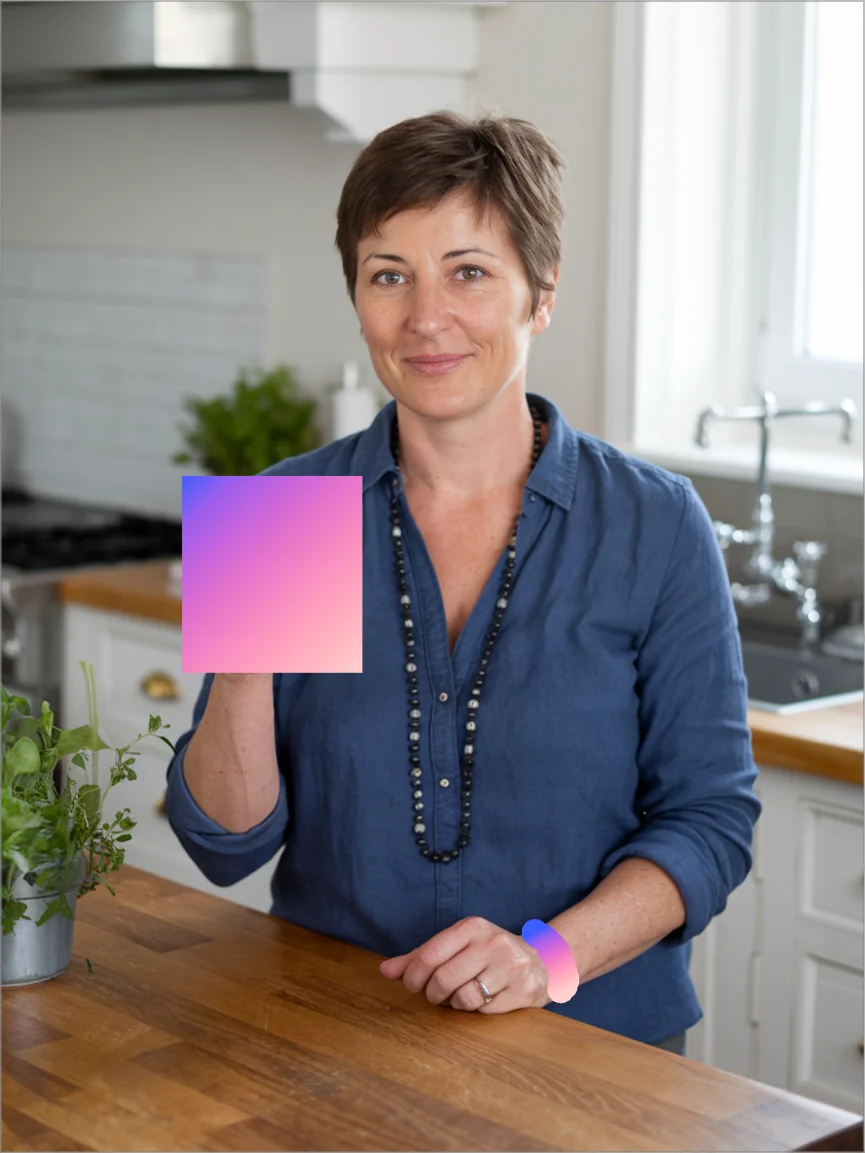 A photo with pink-purple Magic Fill masks painted over a glass of water and a wrist, as taken from the Magic Fill docs