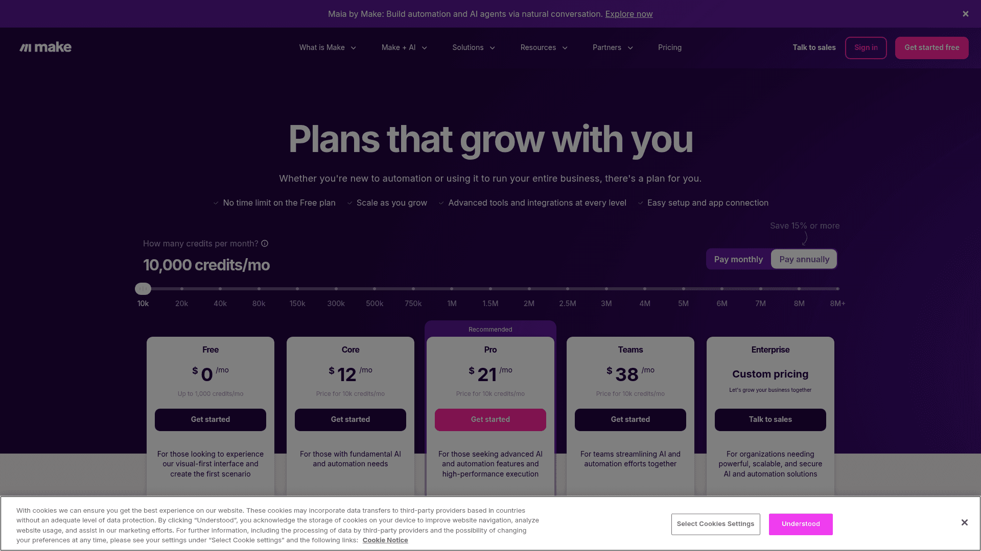 Make pricing page showing the credits slider with Free, Core at $12, Pro at $21 and Teams at $38 per month, as taken from Make
