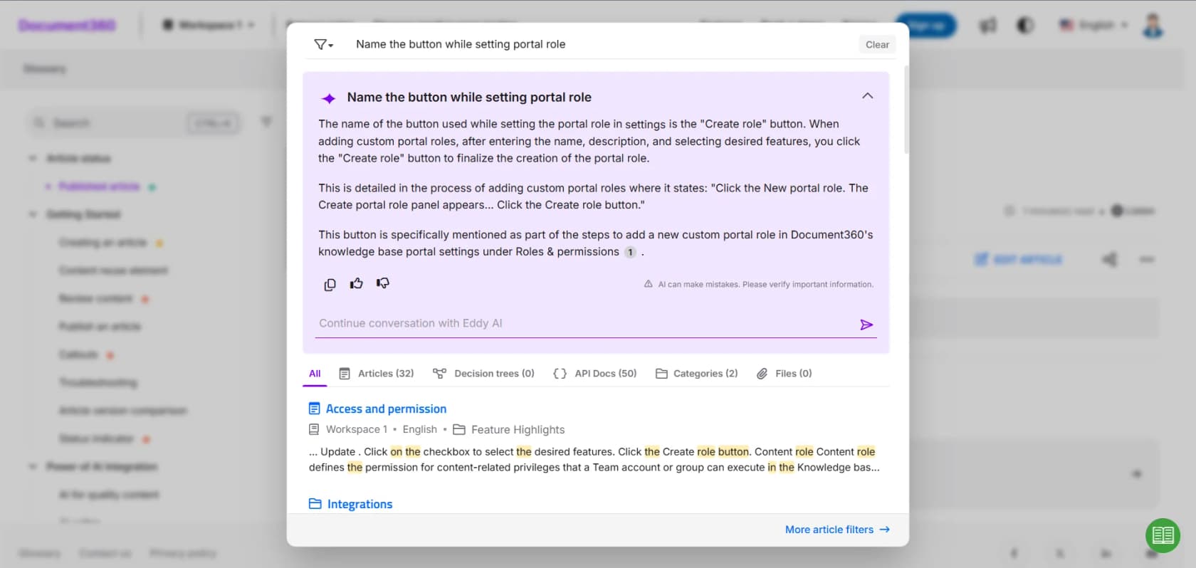 Document360's Ask Eddy AI panel returning a synthesized answer with article sources, as taken from Document360