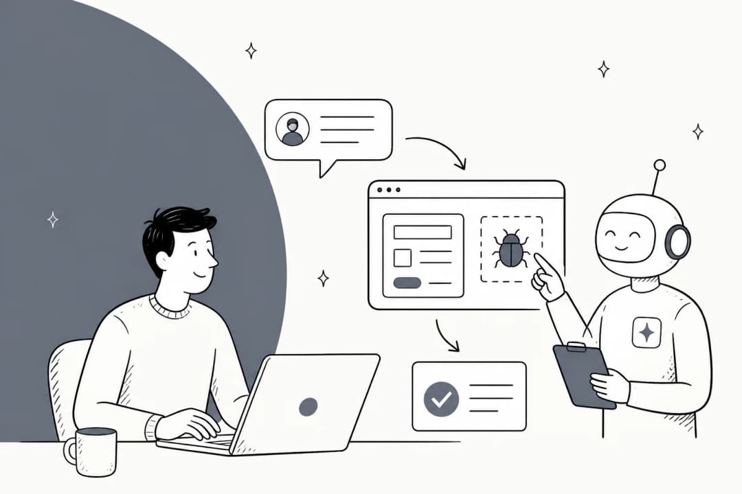 A support engineer at a laptop and an AI bot pointing at a reproduced bug in a browser window