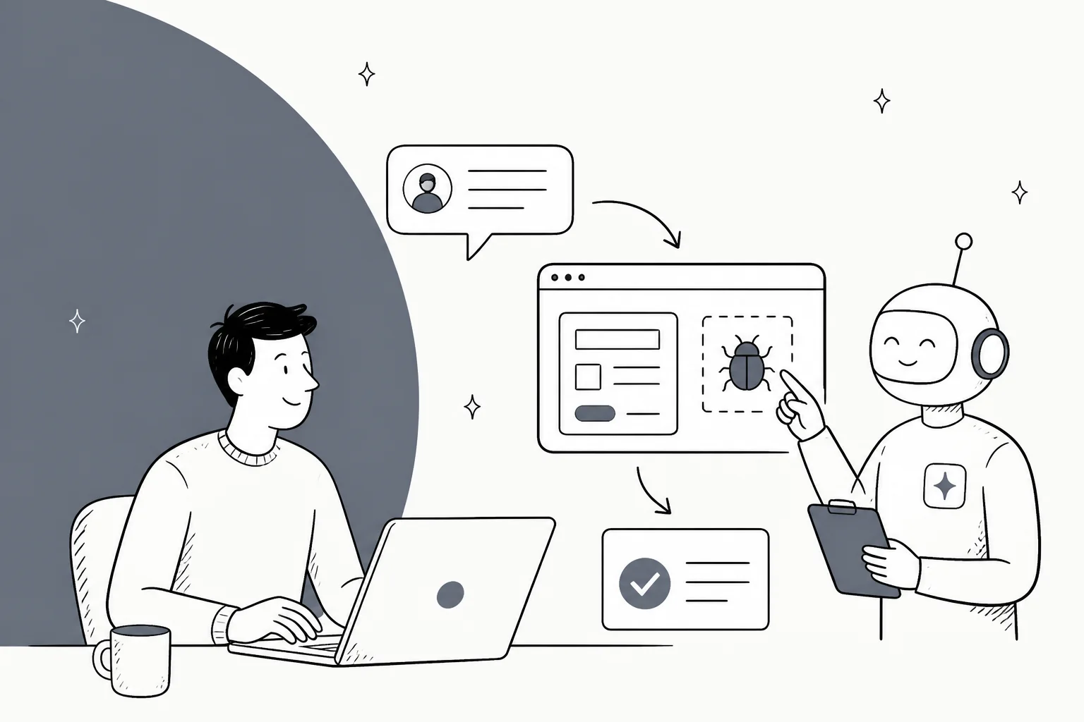 A support engineer at a laptop and an AI bot pointing at a reproduced bug in a browser window