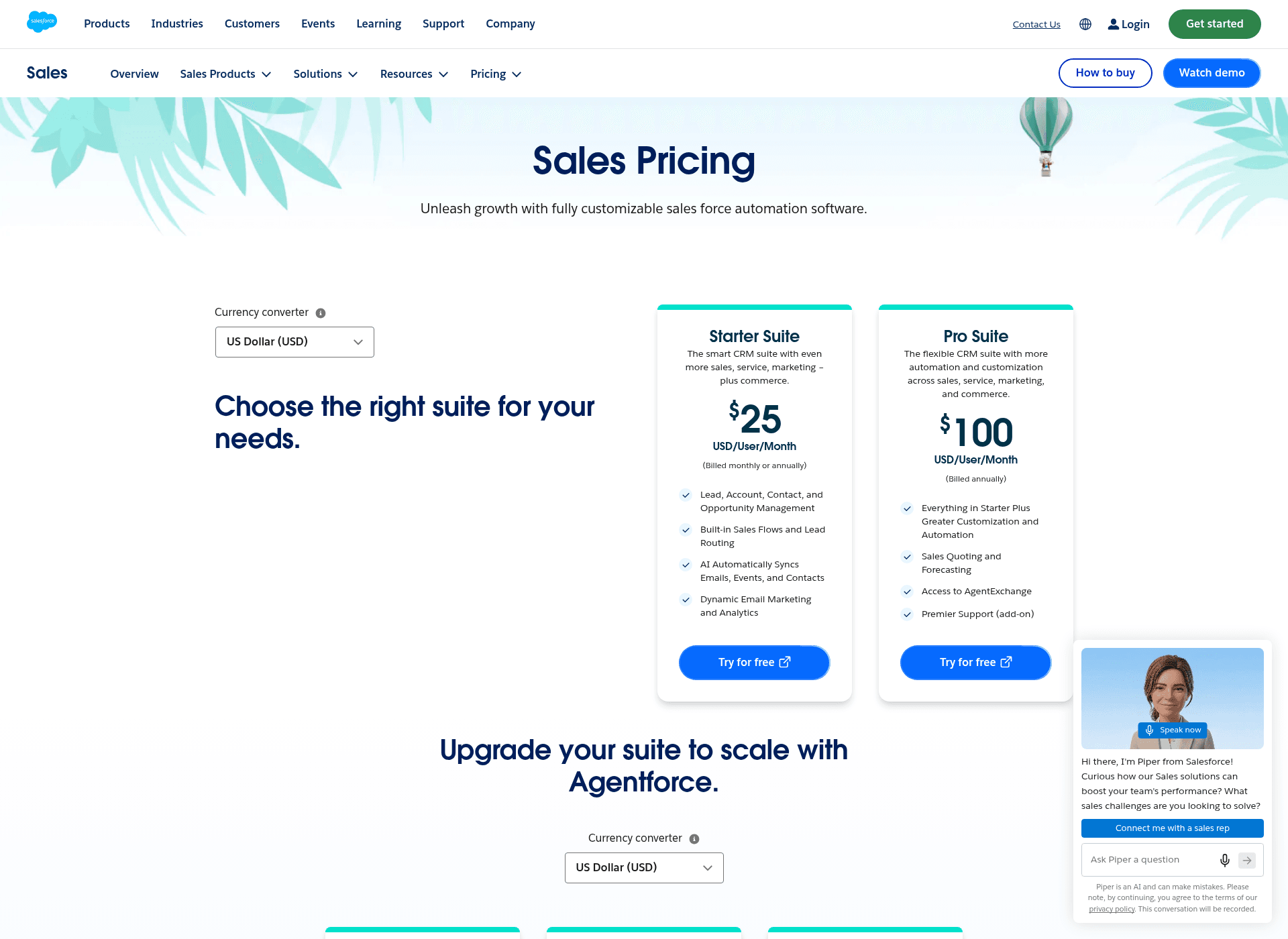 Salesforce's Sales Cloud pricing page showing the current per-user editions, as captured from Salesforce