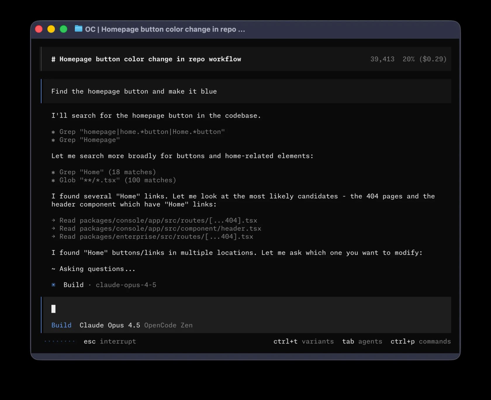 OpenCode's terminal interface with a running token count, percentage of context used, and a dollar cost in the header, as taken from OpenCode