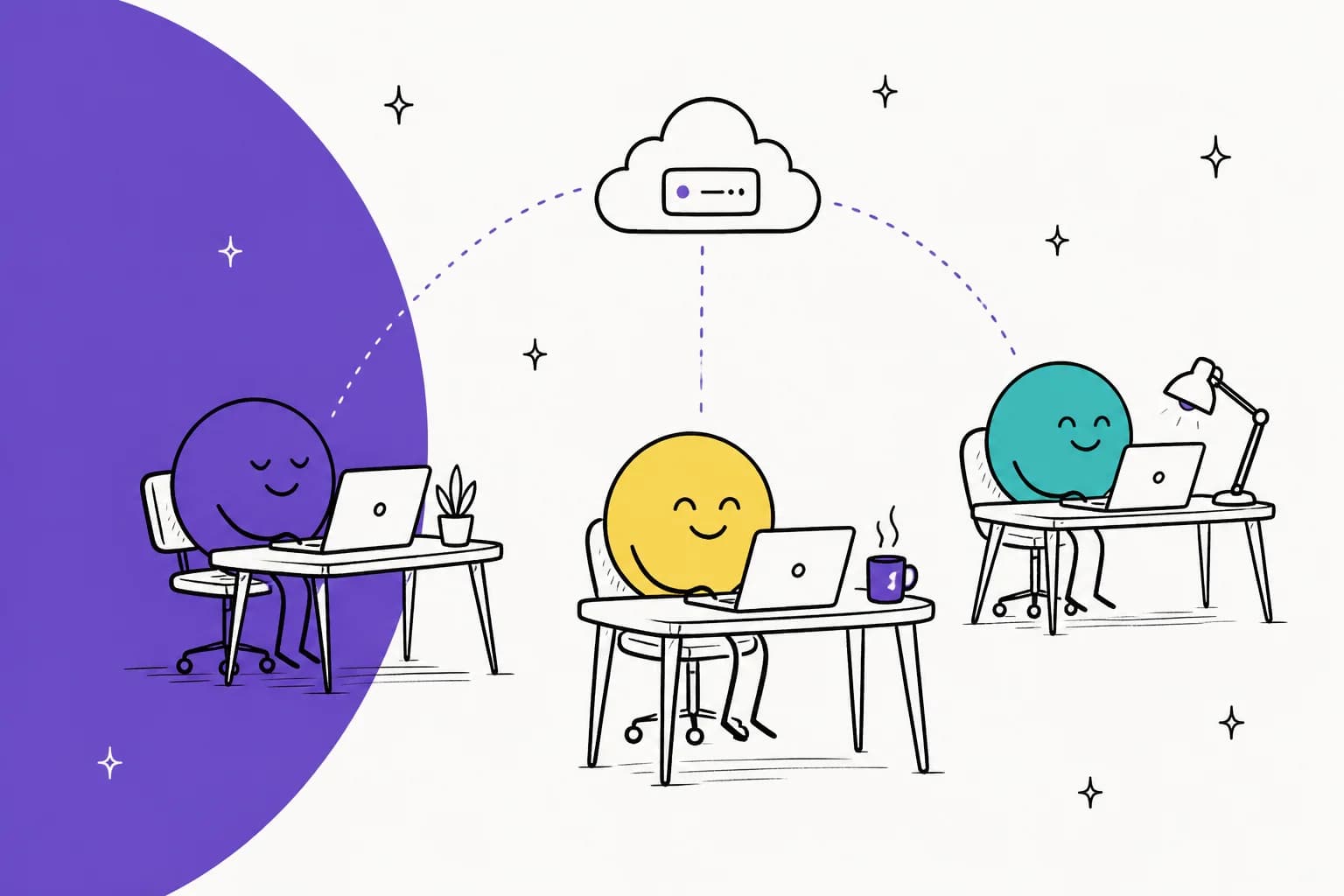 Hand-drawn illustration of three round, smiling characters working at their own desks and laptops, all connected by dotted lines to one cloud server