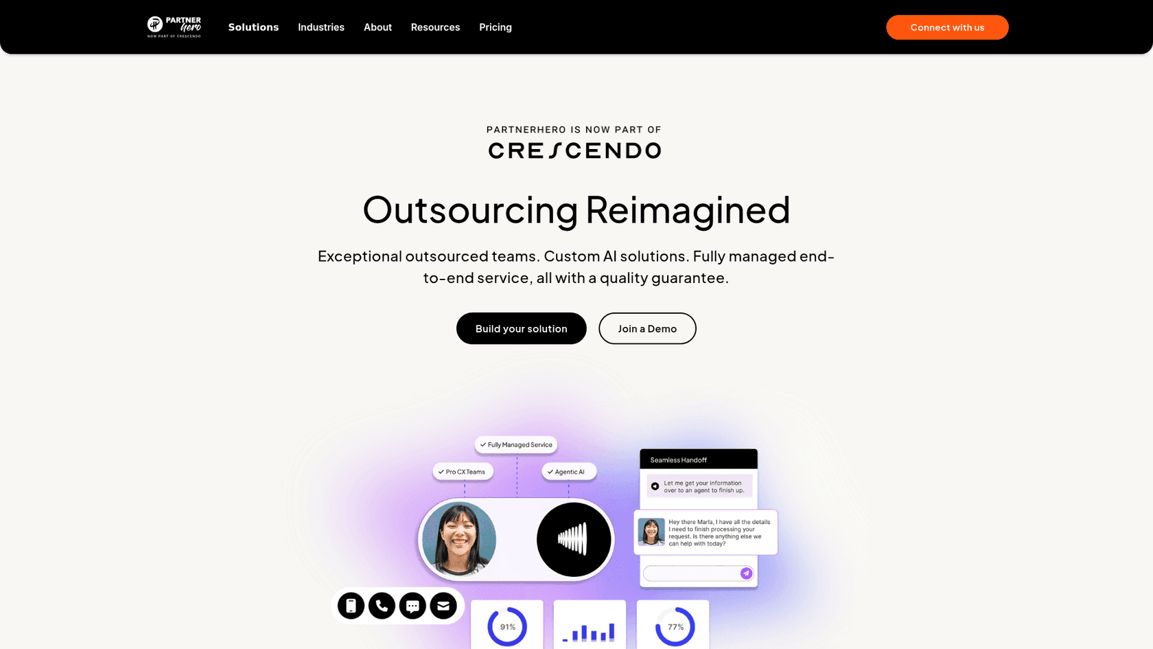 The PartnerHero homepage, now powered by Crescendo, describing blended human and AI CX, as taken from PartnerHero