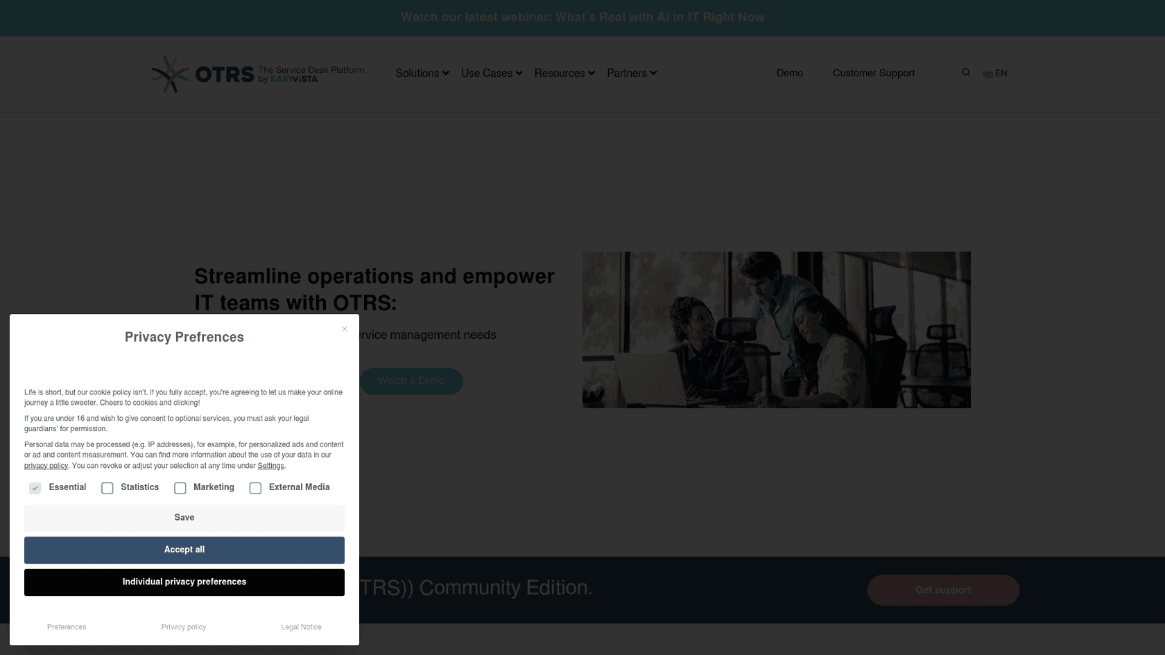 OTRS homepage in 2026, positioned as an enterprise service management platform, as taken from OTRS