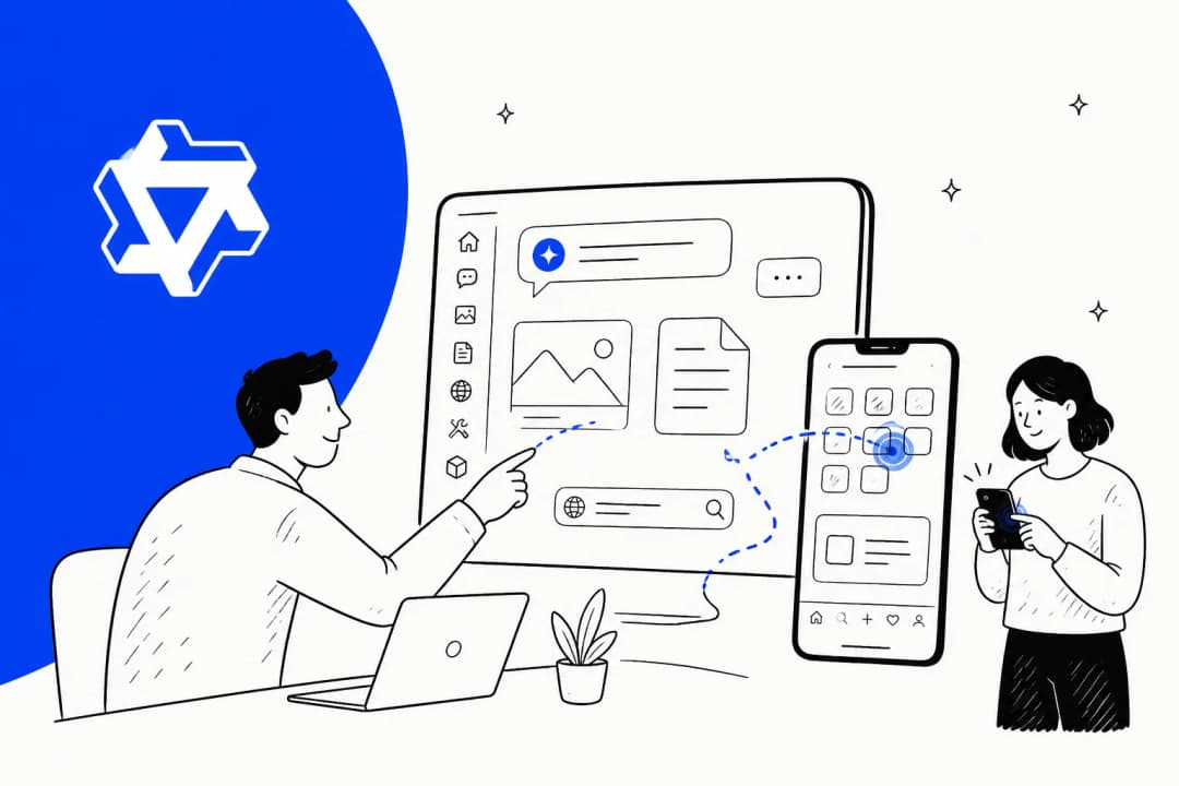 Hand-drawn illustration of an AI agent reading a desktop screen and a phone screen at the same time