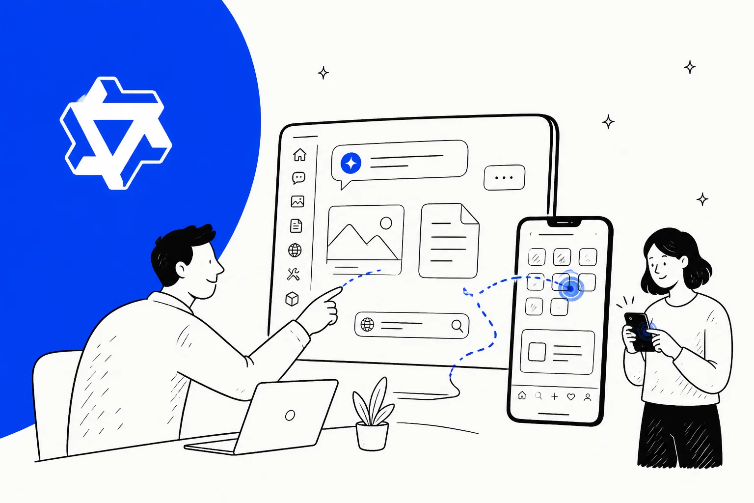 Hand-drawn illustration of an AI agent reading a desktop screen and a phone screen at the same time