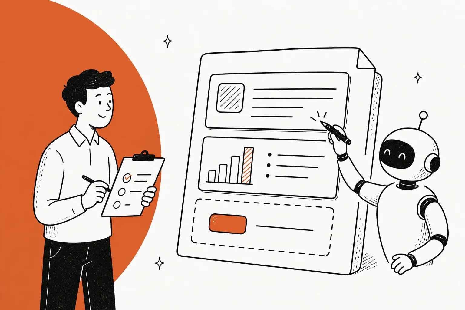 Hand-drawn illustration of a reviewer with a clipboard grading a document page made of a text block, a chart block, and a prompt button, while a friendly robot edits one block