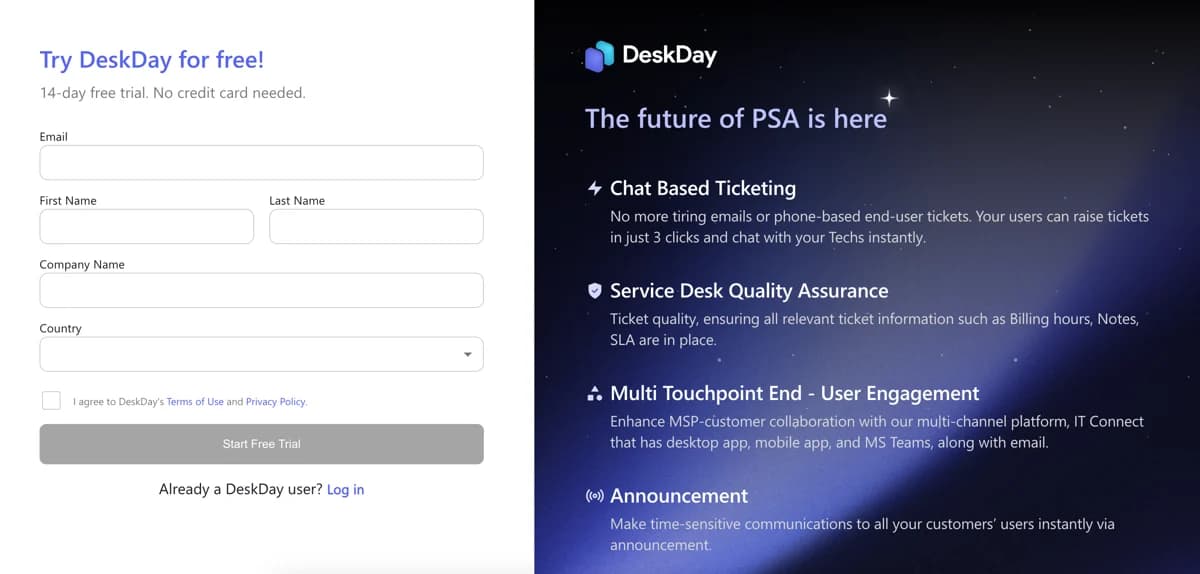 DeskDay signup screen offering a 14 day free trial with no credit card needed, as taken from DeskDay