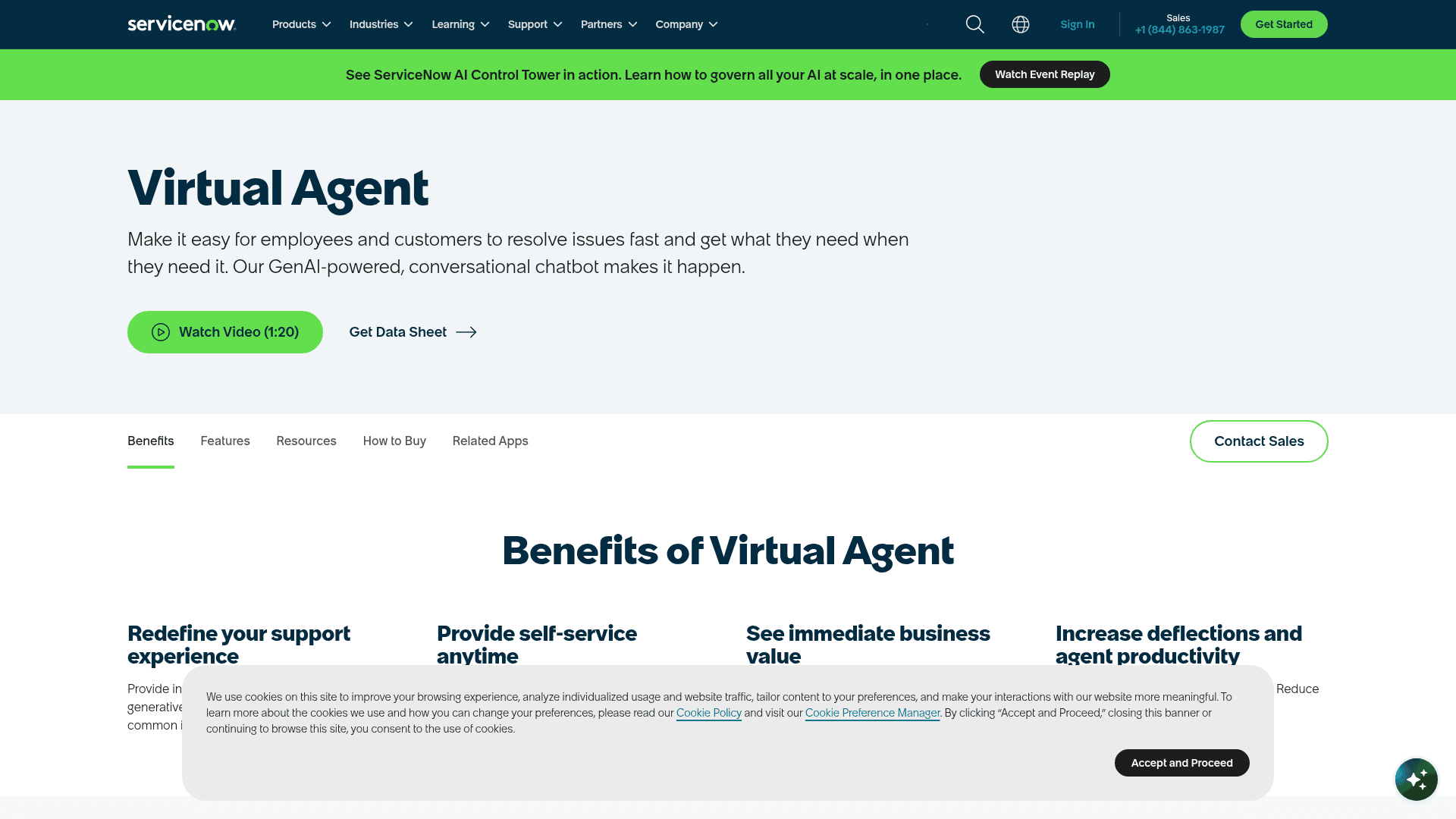 ServiceNow's Virtual Agent product page, describing its GenAI-powered conversational chatbot, as taken from ServiceNow
