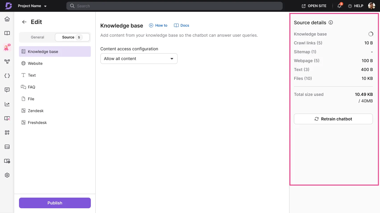 The AI Chatbot source configuration, pulling from the knowledge base, website, text, FAQ, files, Zendesk, and Freshdesk, as taken from Document360