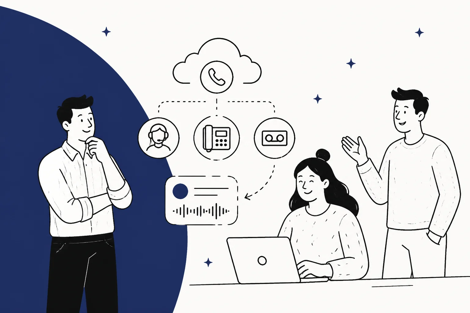 Illustration of business phone systems and cloud contact center software being compared