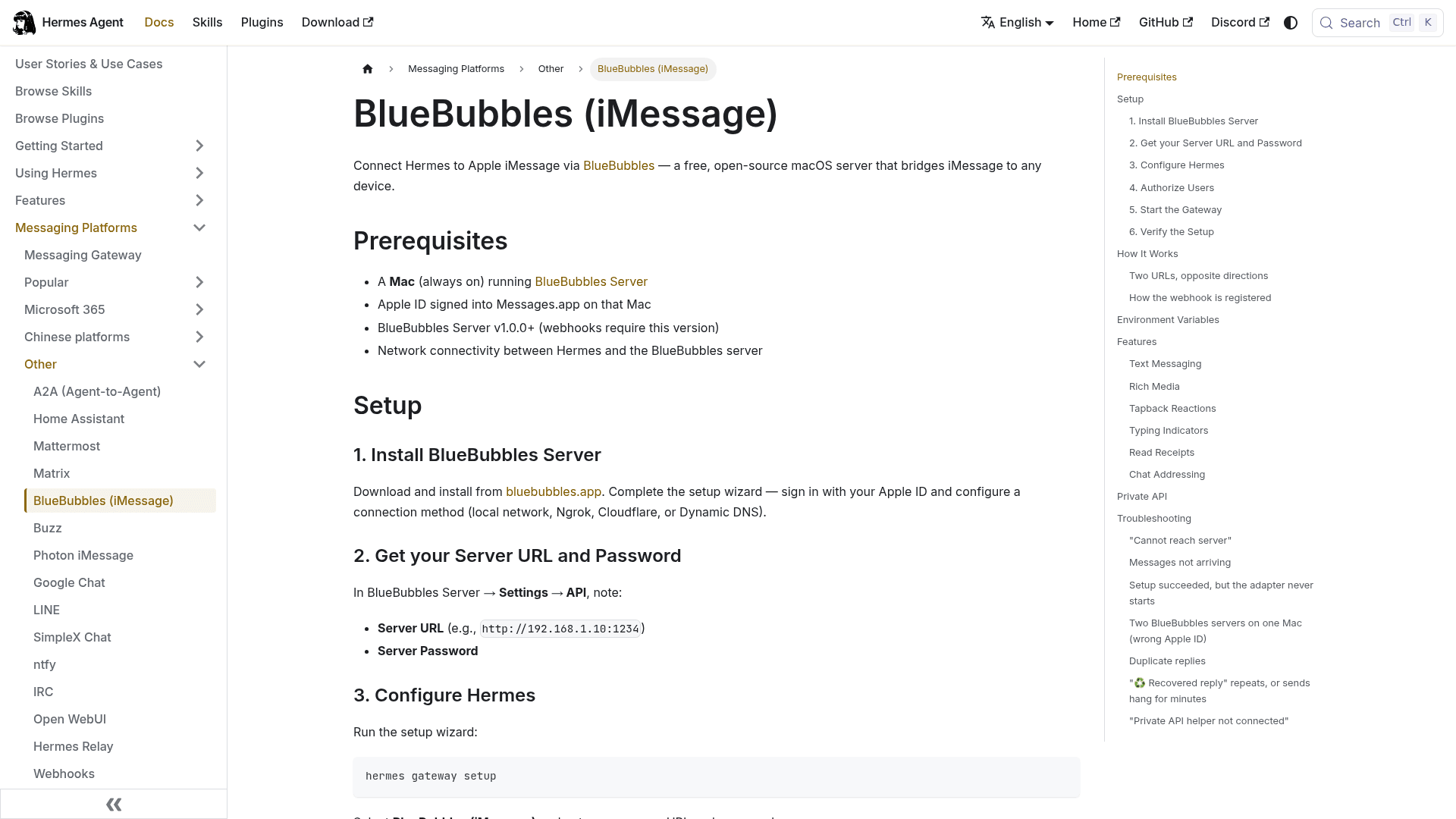 Hermes Agent documentation page for the BlueBubbles iMessage connection, listing the always-on Mac and Apple ID prerequisites and the first setup steps, as taken from Hermes Agent docs