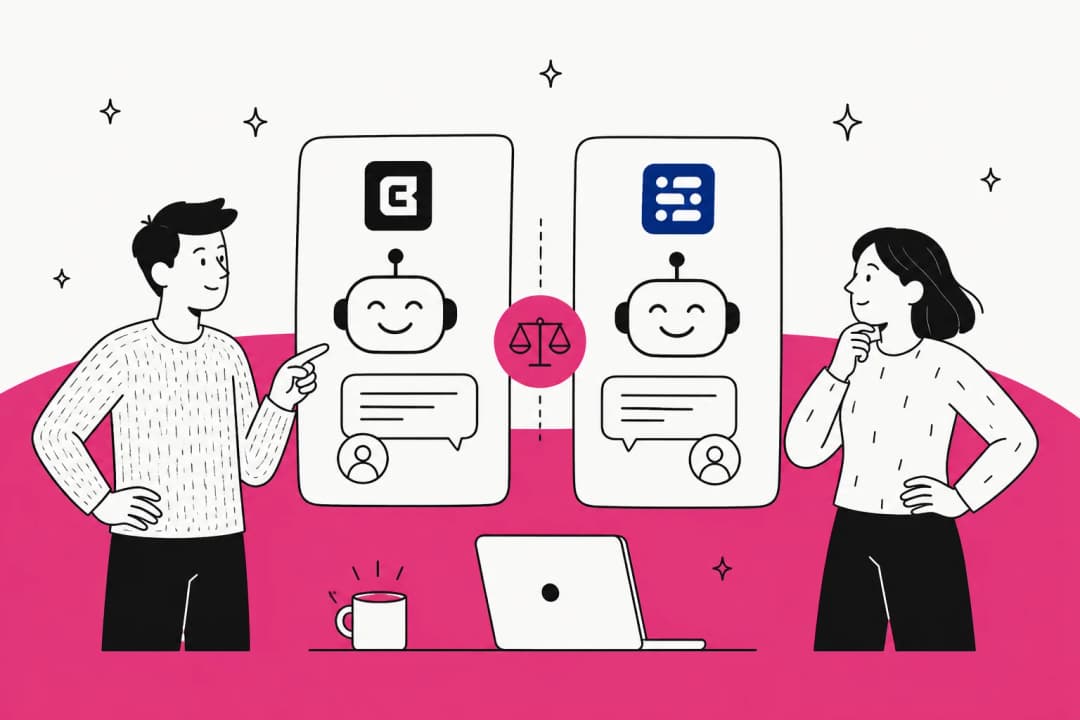 Two people comparing Chatbase and Chatling AI chatbots on a magenta background