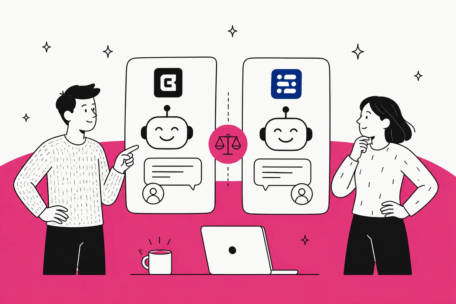 Two people comparing Chatbase and Chatling AI chatbots on a magenta background