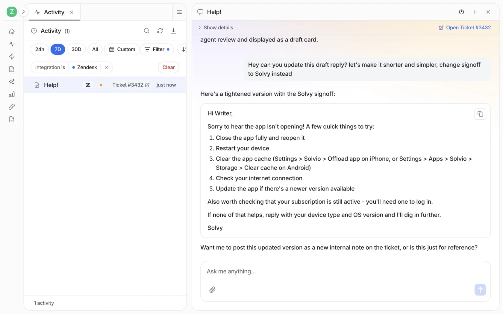 eesel Activity page with a Zendesk ticket run open, where a teammate asks for a shorter draft with a different sign-off and the agent rewrites it, as shown in the eesel docs