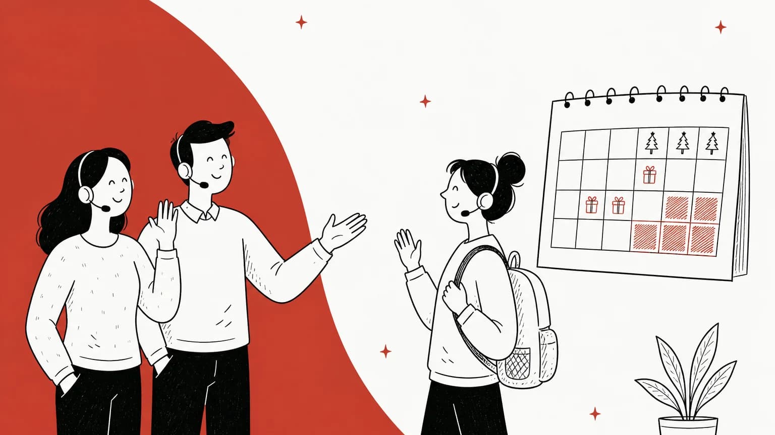 Hand-drawn illustration of two support agents with headsets welcoming a seasonal hire next to a holiday calendar with peak days shaded