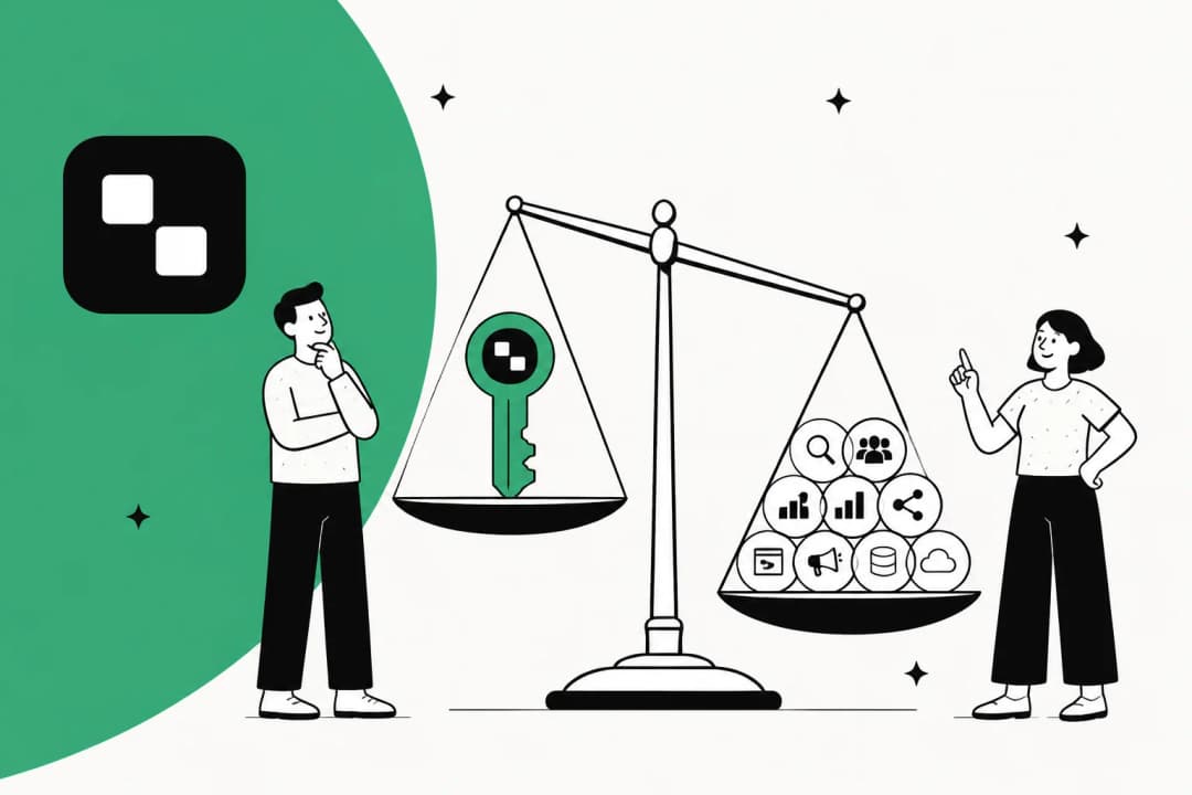 Une illustration dessinée à la main de deux personnes qui pèsent sur une balance une seule clé verte contre un tas d'icônes d'outils, avec le logo Treg dans le coin