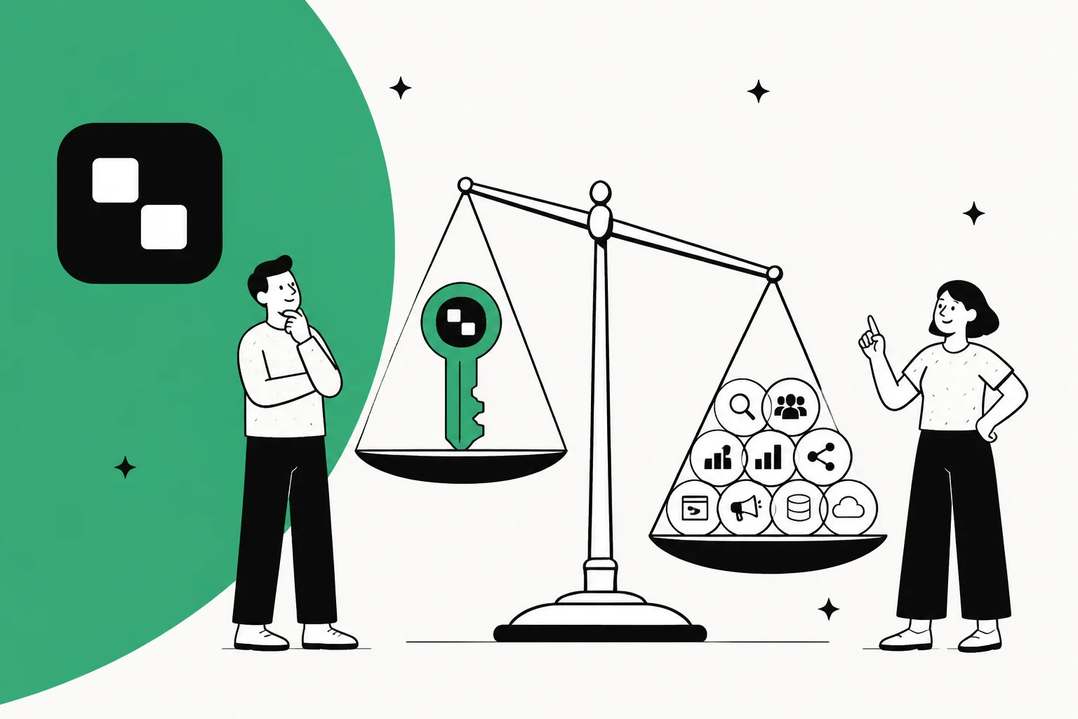 A hand-drawn illustration of two people weighing a single green key against a pile of tool icons on a balance scale, with the Treg logo in the corner