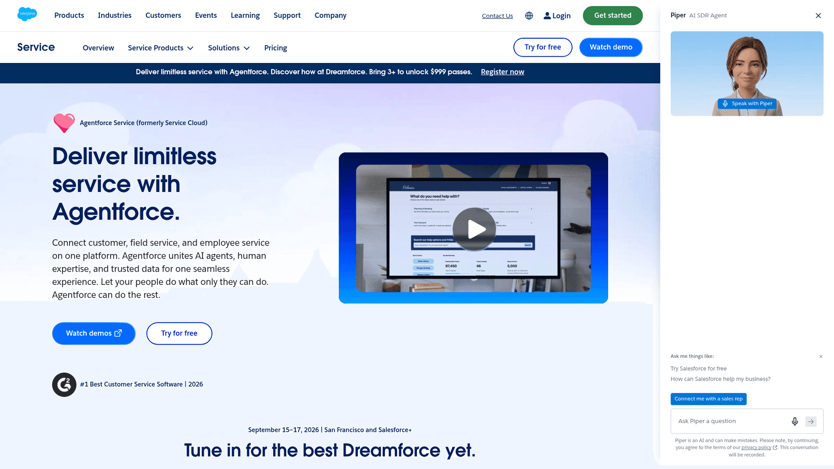 The Salesforce Service Cloud page showing its AI-powered service console