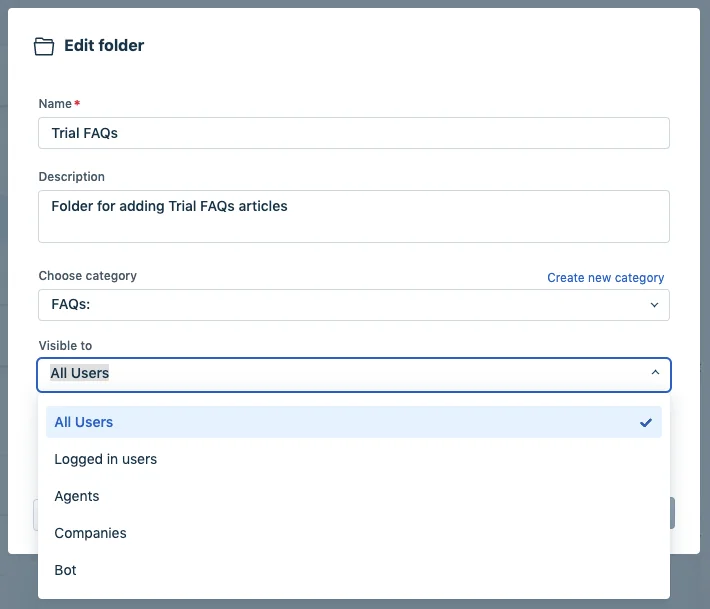 Freshdesk Edit folder dialog with the Visible to dropdown open, showing All Users, Logged in users, Agents, Companies and Bot, as taken from Freshdesk