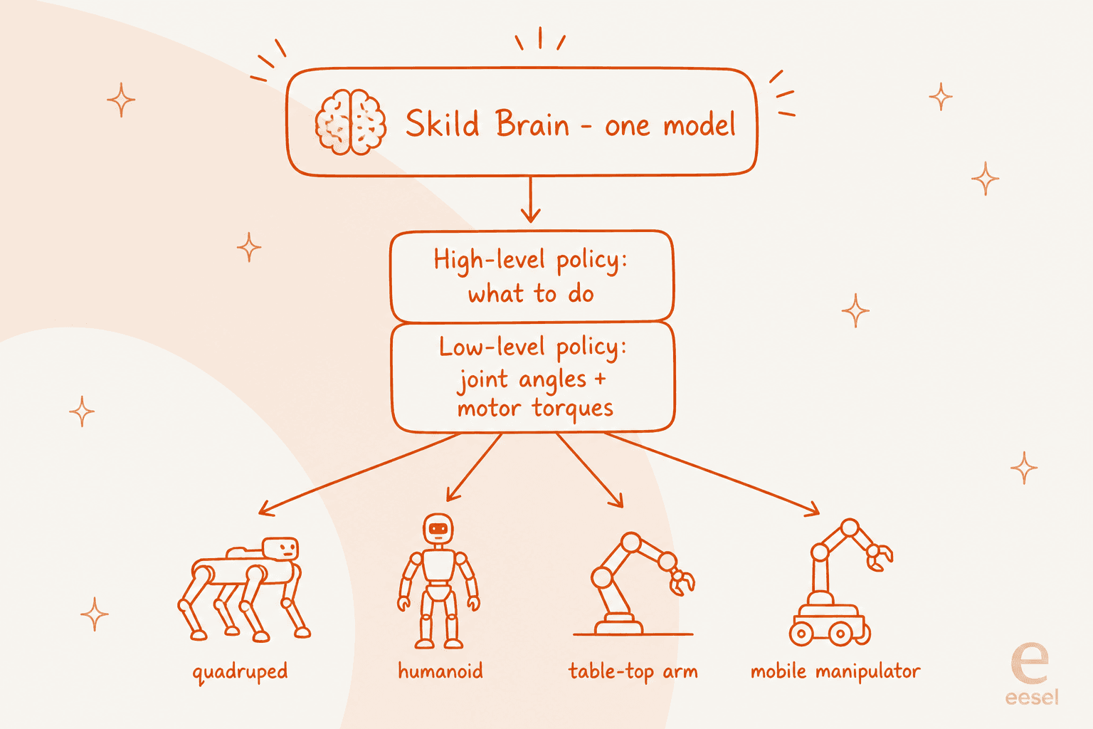 How one Skild Brain model drives a quadruped, a humanoid, a table-top arm, and a mobile manipulator