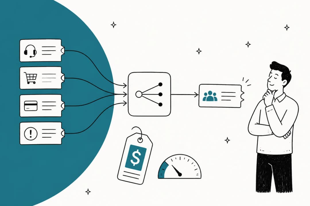 Hand-drawn illustration of support tickets flowing into a router that sends them to one team, with a price tag and a cost meter